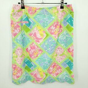 Lilly Pulitzer Scalloped-Hem Mini Skirt 8 Pink/Green Patchwork Print,